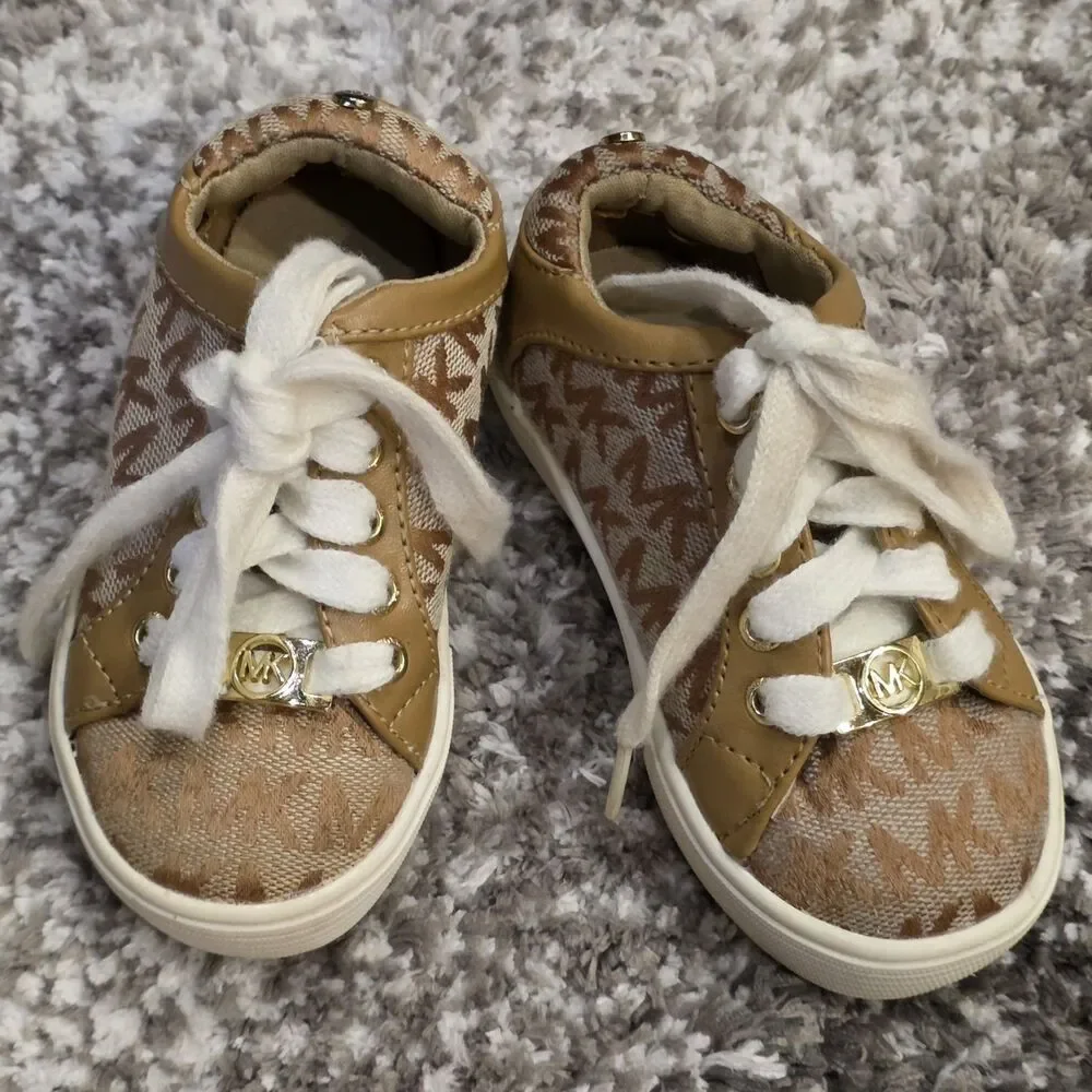 Michael Kors Girls Tan Monogram Logo Sneakers - Size 6